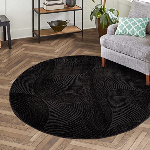 carpet city Teppich Kurzflor Wohnzimmer - Schwarz, Grau - 200 cm Rund - Friseé mit 3D-Effekt - Kreisförmiges Muster für Schlafzimmer Flur Esszimmer von carpet city