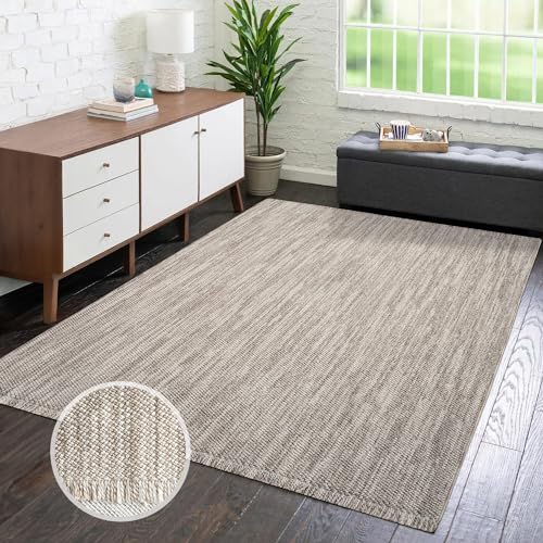 carpet city Teppich Kurzflor Wohnzimmer - Taupe - 140x200 cm - Teppiche Fransen Boho-Style - Einfarbig - Schlafzimmer, Esszimmer von carpet city