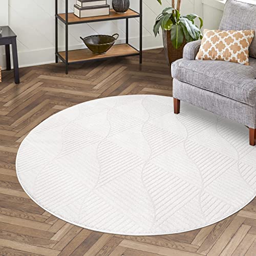 carpet city Teppich Kurzflor Wohnzimmer - Weiss - 120 cm Rund - Friseé mit 3D-Effekt - Geo-Muster für Schlafzimmer Flur Esszimmer von carpet city