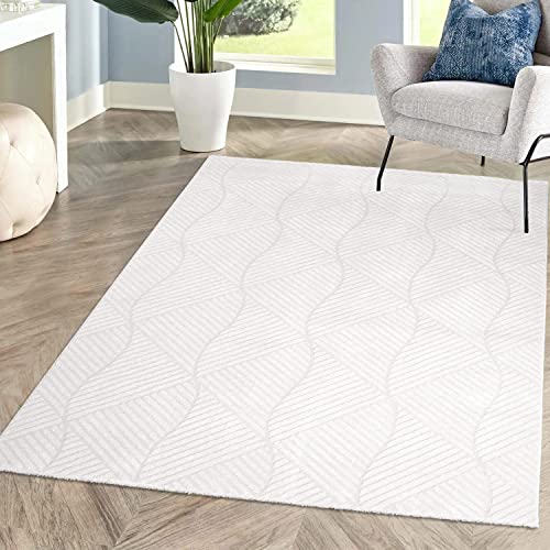 carpet city Teppich Kurzflor Wohnzimmer - Weiss - 160x230 cm - Friseé mit 3D-Effekt - Geo-Muster für Schlafzimmer Flur Esszimmer von carpet city