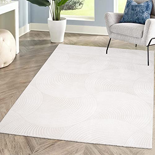 carpet city Teppich Kurzflor Wohnzimmer - Weiss - 160x230 cm - Friseé mit 3D-Effekt - Kreisförmiges Muster für Schlafzimmer Flur Esszimmer von carpet city