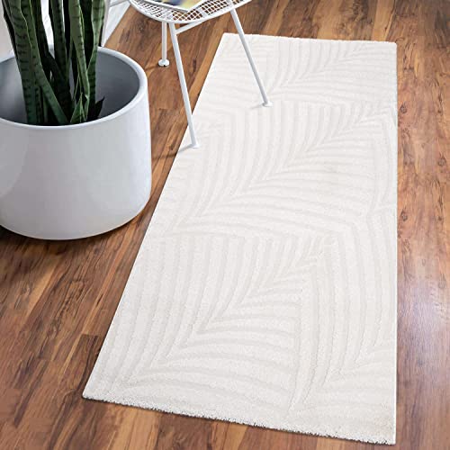 carpet city Teppich Kurzflor Wohnzimmer - Weiss - 80x150 cm Läufer - Friseé mit 3D-Effekt - Florales Muster für Schlafzimmer Flur Esszimmer von carpet city