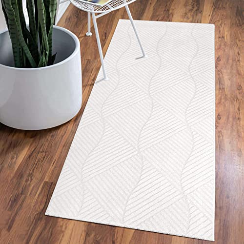 carpet city Teppich Kurzflor Wohnzimmer - Weiss - 80x150 cm Läufer - Friseé mit 3D-Effekt - Geo-Muster für Schlafzimmer Flur Esszimmer von carpet city