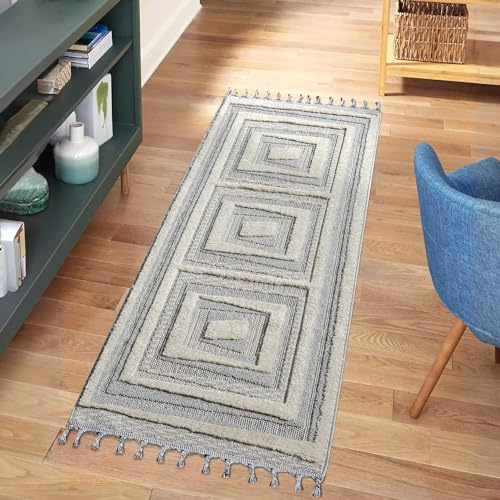 carpet city Teppich Läufer Boho Flur - Graublau, Creme - 80x300 cm - Bordüre - Relief-Optik, 3D-Effekt - Cut-&Loop, Sisal - Moderne Fransen-Teppiche Schlafzimmer von carpet city