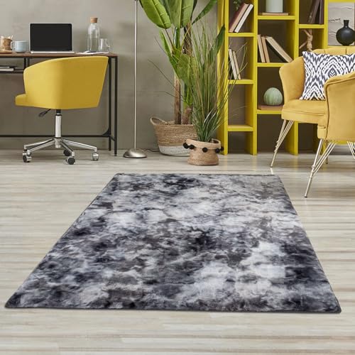 carpet city Teppich Läufer Hochflor- Einfarbig Graphite 80x150 cm Rechteckig - Weicher Flurteppich Soft Touch - Tie-Dye-Optik - Moderne Teppiche Flur Schlafzimmer von carpet city