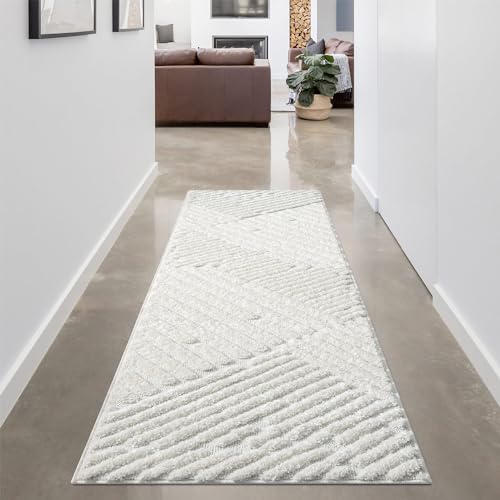 carpet city Teppich Läufer Hochflor Flur - 80x300 cm - Einfarbig Weiß/Creme - Hochtief-Muster/ 3D-Effekt Streifen - Shaggy Teppiche Wohnzimmer, Schlafzimmer Boho, Scandi von carpet city