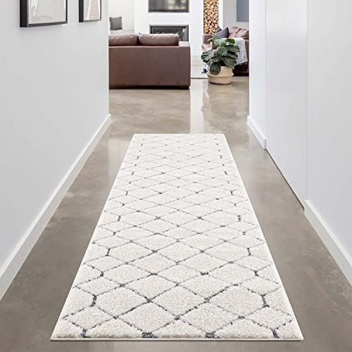 carpet city Teppich-Läufer Hochflor Flur - 80x300 cm - Scandi-Stil Raute-Optik Creme Grau - Cut-Loop, Hochtief, 3D-Effekt - Shaggy Teppiche Flauschig-Weich Schlafzimmer Langflor Bettvorleger von carpet city