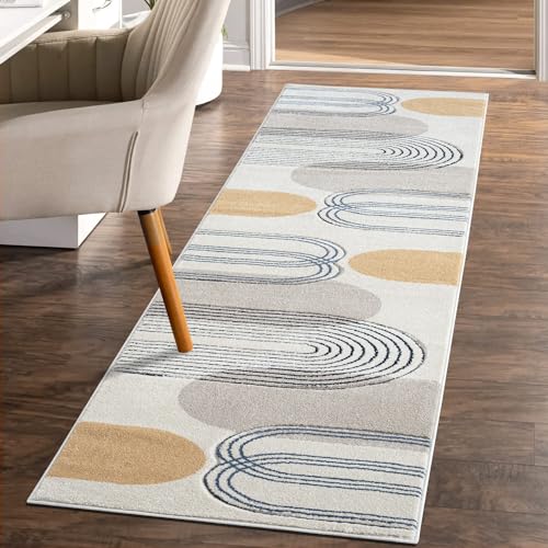 carpet city Teppich-Läufer Kurzflor Beige - 80x300 cm - Moderne Flur-Teppiche Geo-Muster mit 3D-Optik - Flachflor Bodenbelag Deko Schlafzimmer, Diele, Eingangsbereich von carpet city