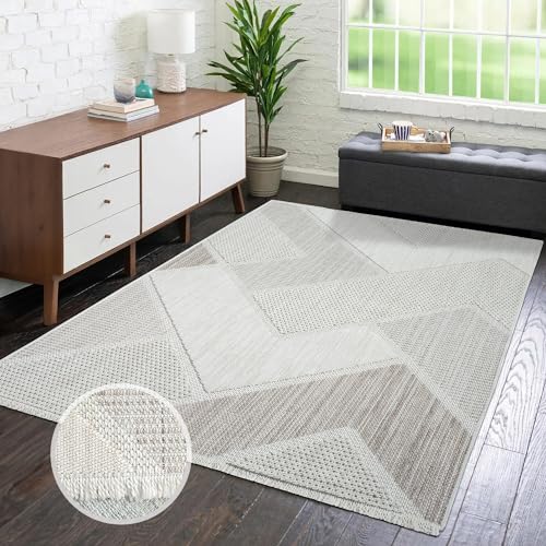 carpet city Teppich-Läufer Kurzflor Flur - Beige, Grün - 80x150 cm - Teppiche Fransen Boho-Style - Geometrisches Muster - Schlafzimmer, Wohnzimmer von carpet city