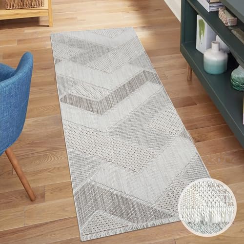 carpet city Teppich-Läufer Kurzflor Flur - Beige, Grün - 80x300 cm - Teppiche Fransen Boho-Style - Geometrisches Muster - Schlafzimmer, Wohnzimmer von carpet city