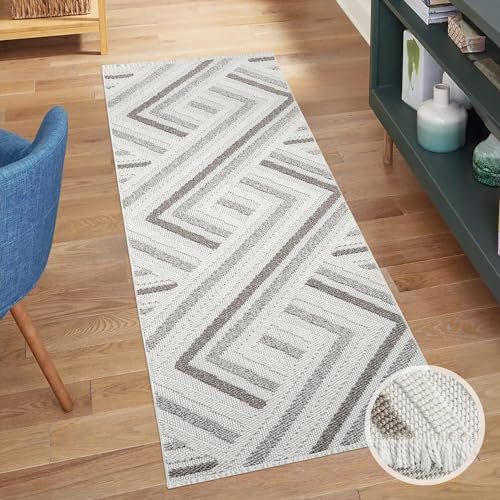 carpet city Teppich-Läufer Kurzflor Flur - Creme, Beige - 80x300 cm - Teppiche Fransen Boho-Style - Geo-Muster - Schlafzimmer, Wohnzimmer von carpet city