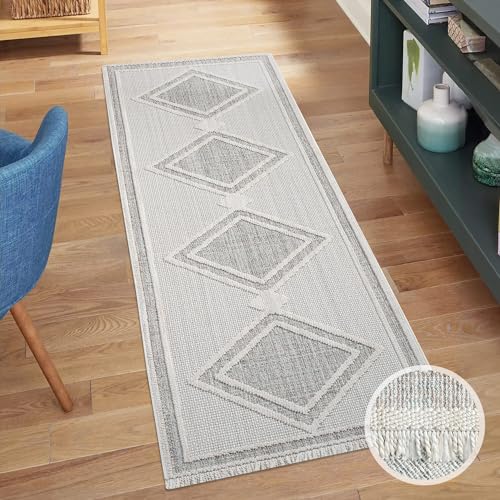 carpet city Teppich-Läufer Kurzflor Flur - Grau, Grün - 80x300 cm - Teppiche Fransen Boho-Style - Raute-Optik - Schlafzimmer, Wohnzimmer von carpet city