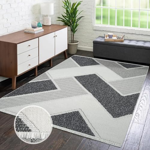 carpet city Teppich-Läufer Kurzflor Flur - Grau - 80x150 cm - Teppiche Fransen Boho-Style - Geometrisches Muster - Schlafzimmer, Wohnzimmer von carpet city