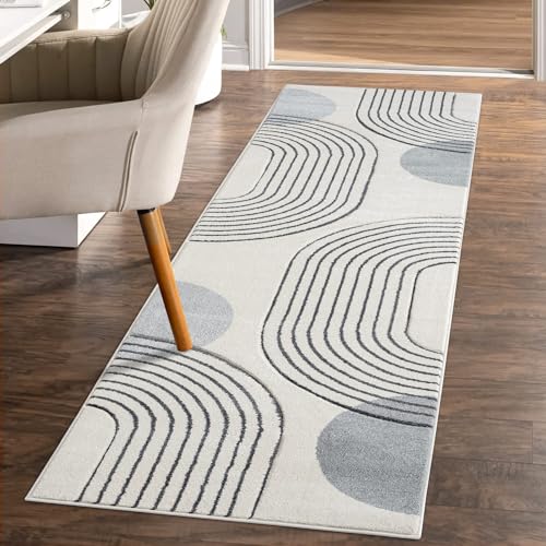 carpet city Teppich-Läufer Kurzflor Grau - 80x300 cm - Moderne Flur-Teppiche Geometrisch, Kreis-Muster mit 3D-Optik - Flachflor Bodenbelag Deko Schlafzimmer, Diele, Eingangsbereich von carpet city