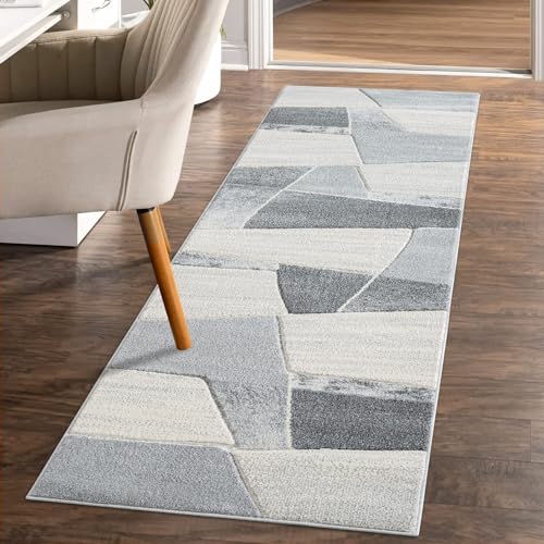 carpet city Teppich-Läufer Kurzflor Grau - 80x300 cm - Moderne Flur-Teppiche Geometrisch mit 3D-Optik - Flachflor Bodenbelag Deko Schlafzimmer, Diele, Eingangsbereich von carpet city