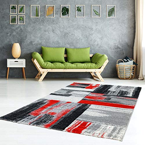 carpet city Teppich-Läufer Modern Flachflor Konturenschnitt Handcarving Meliert, Streifen in Rot für Wohnzimmer, Größe: 80x150 cm von carpet city