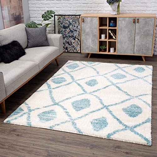 carpet city Teppich-Läufer Shaggy Hochflor - Ethno-Stil 80x300 cm Blau Creme - Moderne Wohnzimmer-Teppiche von carpet city