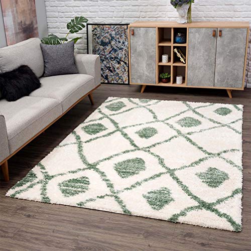 carpet city Teppich-Läufer Shaggy Hochflor - Ethno-Stil 80x300 cm Grün Creme - Moderne Wohnzimmer-Teppiche von carpet city