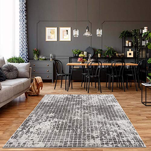 carpet city Teppich Läufer Wohnzimmer - Karo-Muster 80x300 cm Grau Meliert - Moderne Teppiche Kurzflor von carpet city