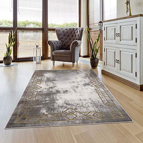 carpet city Teppich Läufer Wohnzimmer - Ornamente, Bordüre 80x300 cm Grau Golden - Moderne Teppiche Kurzflor von carpet city