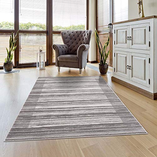 carpet city Teppich Läufer Wohnzimmer - Streifen Muster 80x300 cm Grau Meliert - Moderne Teppiche Kurzflor von carpet city