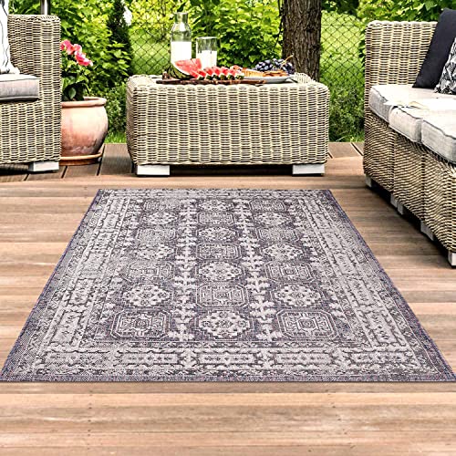 carpet city Teppich Outdoor Grau - 80x150 cm - Außenbereich Wetterfest Balkon Terrasse - Bordüre Ornamente - Indoor Wohnzimmerteppich von carpet city