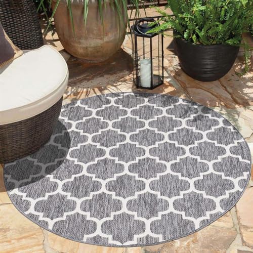 carpet city Teppich Outdoor Wetterfest - Grau - 200x200 cm Rund - Marokkanisch - Balkon Teppich Wasserabweisend - In-& Outdoor Teppiche für Terrasse, Garten, Küche, Bad oder Wohnzimmer von carpet city