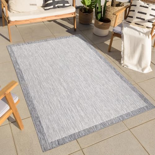 carpet city Teppich Outdoor Wetterfest - Grau - 240x340 cm - Bordüre - Balkon Teppich Wasserabweisend - In-& Outdoor Teppiche für Terrasse, Garten, Küche, Bad oder Wohnzimmer von carpet city