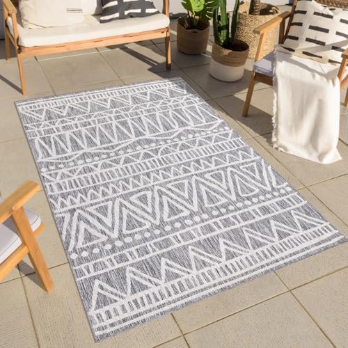 carpet city Teppich Outdoor Wetterfest - Grau - 280x380 cm - Ethno-Look - Balkon Teppich Wasserabweisend - In-& Outdoor Teppiche für Terrasse, Garten, Küche, Bad oder Wohnzimmer von carpet city