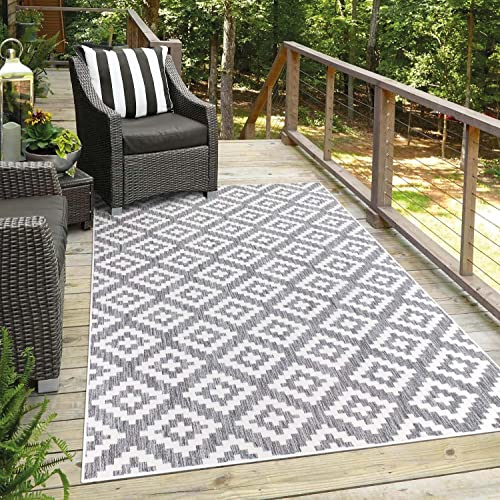 carpet city Teppich Outdoor Wetterfest - Grau - 280x380 cm - Rauten-Optik - Balkon Teppich Wasserabweisend - In-& Outdoor Teppiche für Terrasse, Garten, Küche, Bad oder Wohnzimmer von carpet city