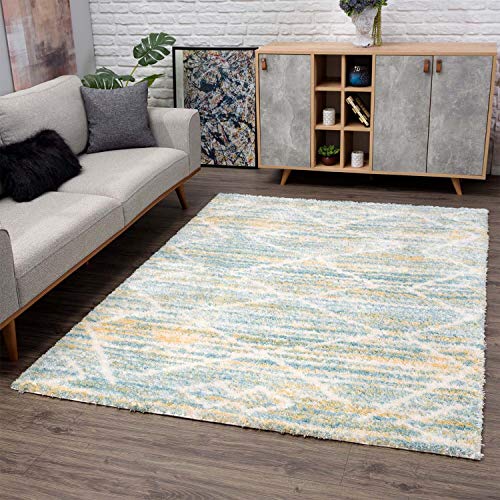 carpet city Teppich Shaggy Hochflor - Ethno-Stil 120x160 cm Blau Gelb Creme - Moderne Teppiche Wohnzimmer von carpet city