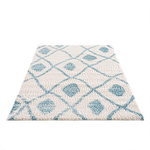 carpet city Teppich Shaggy Hochflor - Ethno-Stil 200x290 cm Blau Creme - Moderne Wohnzimmer-Teppiche von carpet city