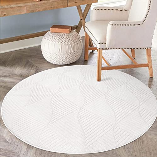 carpet city Teppich Wohnzimmer 160 cm Rund - Weiß - Kurzflor, 3D-Effekt, Glanzgarn - Geometrisches Muster - Moderne Teppiche Schlafzimmer, Flur, Esszimmer von carpet city