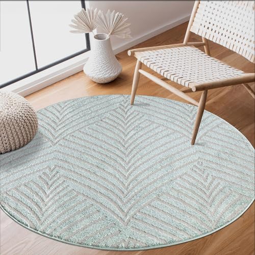 carpet city Teppich Wohnzimmer 200 cm Rund - Grün/Türkis - Kurzflor, 3D-Effekt, Glanzgarn - Florales Muster - Moderne Teppiche Schlafzimmer, Flur, Esszimmer von carpet city