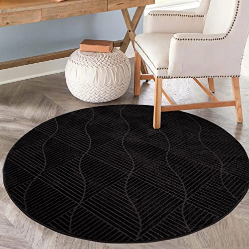 carpet city Teppich Wohnzimmer 200 cm Rund - Schwarz, Anthrazit - Kurzflor, 3D-Effekt, Glanzgarn - Geometrisches Muster - Moderne Teppiche Schlafzimmer, Flur, Esszimmer von carpet city