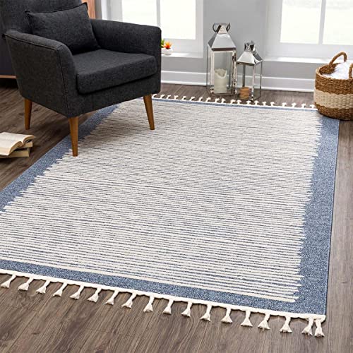 carpet city Teppich Wohnzimmer Blau - 120x170 cm - Scandi-Stil Gestreift Meliert - Kurzflor Teppiche Modern - Fransenteppich Tricolor Soft&Weich - Flachflor Schlafzimmer von carpet city