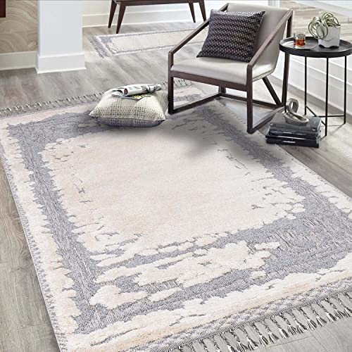 carpet city Teppich Wohnzimmer Boho-Stil Creme, Graublau - 120x170 cm - Abstrakt, Bordüren-Motiv - Relief-Optik, 3D-Effekt - Cut-&Loop, Sisal - Moderne Fransen-Teppiche Schlafzimmer von carpet city