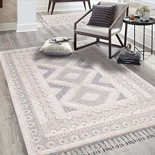 carpet city Teppich Wohnzimmer Boho-Stil Creme, Graublau - 120x170 cm - Bordüren-Look - Relief-Optik, 3D-Effekt - Cut-&Loop, Sisal - Moderne Fransen-Teppiche Schlafzimmer von carpet city