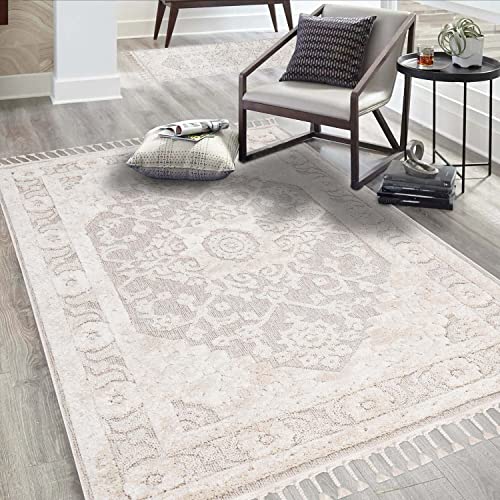 carpet city Teppich Wohnzimmer Boho-Stil Creme - 200x290 cm - Ornamente, Bordüre - Relief-Optik, 3D-Effekt - Cut-&Loop, Sisal - Moderne Fransen-Teppiche Schlafzimmer von carpet city