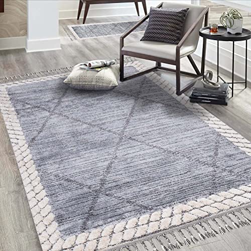 carpet city Teppich Wohnzimmer Boho-Stil Graublau, Creme - 120x170 cm - Raute-Bordüren-Look - Relief-Optik, 3D-Effekt - Cut-&Loop, Sisal - Moderne Fransen-Teppiche Schlafzimmer von carpet city