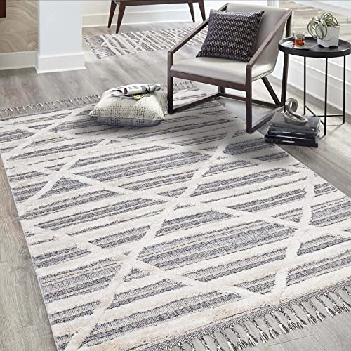 carpet city Teppich Wohnzimmer Boho-Stil Graublau, Creme - 120x170 cm - Raute-Streifen-Muster - Relief-Optik, 3D-Effekt - Cut-&Loop, Sisal - Moderne Fransen-Teppiche Schlafzimmer von carpet city