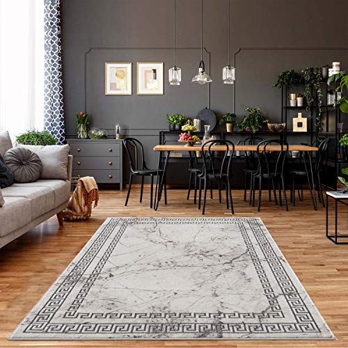 carpet city Teppich Wohnzimmer - Bordüre, Stein-Optik 120x170 cm Grau - Moderne Teppiche Kurzflor von carpet city