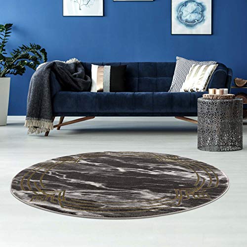 carpet city Teppich Wohnzimmer - Bordüre 120 cm Rund Schwarz Golden Meliert - Moderne Teppiche Kurzflor - Weicher Wohnzimmerteppich Schlafzimmerteppich Flachflor von carpet city