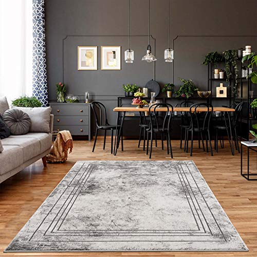 carpet city Teppich Wohnzimmer Bordüre - 120x170 cm Grau Meliert - Moderne Teppiche Kurzflor von carpet city