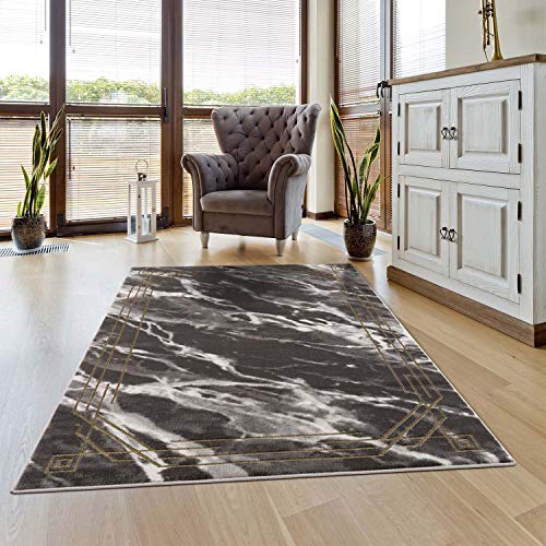 carpet city Teppich Wohnzimmer - Bordüre 120x170 cm Schwarz Golden Meliert - Moderne Teppiche Kurzflor - Weicher Wohnzimmerteppich Schlafzimmerteppich Flachflor von carpet city