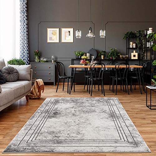 carpet city Teppich Wohnzimmer Bordüre - 80x150 cm Grau Meliert - Moderne Teppiche Kurzflor von carpet city