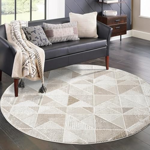 carpet city Teppich Wohnzimmer - Creme - 200 cm Rund - Klassisch Modern - Geometrisches Muster - Teppiche Kurzflor Schlafzimmer, Esszimmer von carpet city