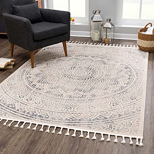 carpet city Teppich Wohnzimmer Grau - 160x230 cm - Ornamente Ethno-Stil - Kurzflor Teppiche Modern - Fransenteppich Tricolor Soft&Weich - Flachflor Schlafzimmer von carpet city