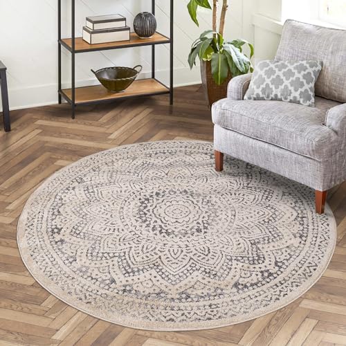 carpet city Teppich Wohnzimmer Grau - 200x200 cm Rund - Ornamente Ethno-Stil - Kurzflor Teppiche Modern - Tricolor Soft&Weich - Flachflor Schlafzimmer von carpet city