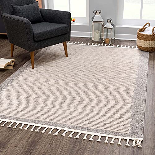 carpet city Teppich Wohnzimmer Mocca - 200x290 cm - Scandi-Stil Gestreift Meliert - Kurzflor Teppiche Modern - Fransenteppich Tricolor Soft&Weich - Flachflor Schlafzimmer von carpet city